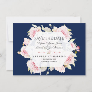 Pink Floral Geometric Navy Blue Save The Date