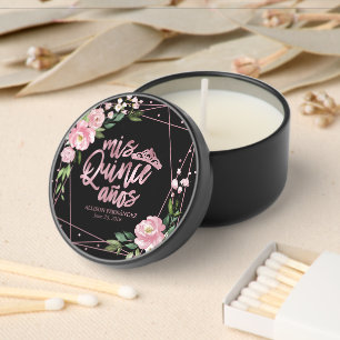 Pink Floral Geometric Quinceañera Black Mini Candle Favors
