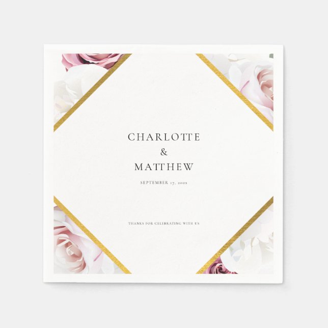 Pink Floral Geometric Wedding Party Paper Napkins (Front)