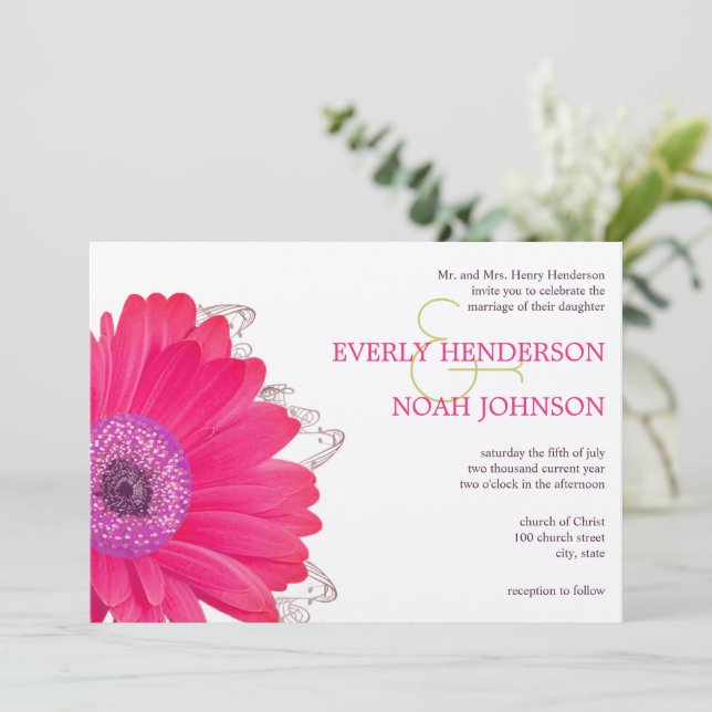 Pink Floral Gerber Daisy Wedding Invitation (Standing Front)