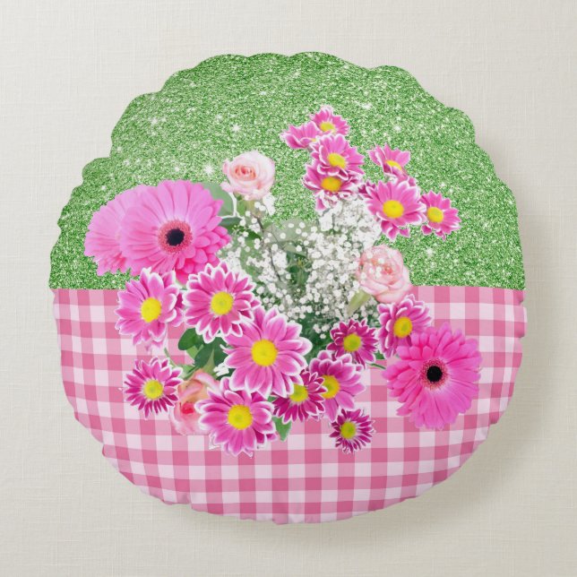 Pink Floral & Gingham Apple Green Faux Glitter Round Pillow (Front)
