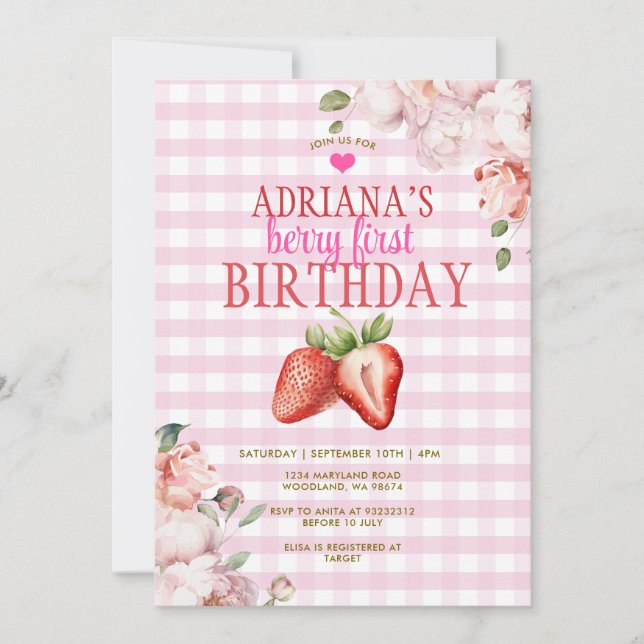 Pink Floral Gingham Berry First Birthday Invitation (Front)