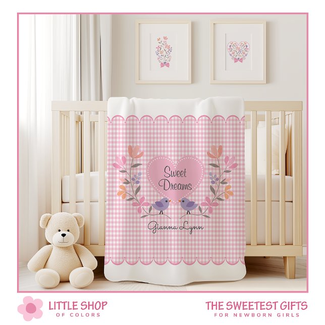 Pink Floral Gingham Custom Name Baby Blanket (Creator Uploaded)