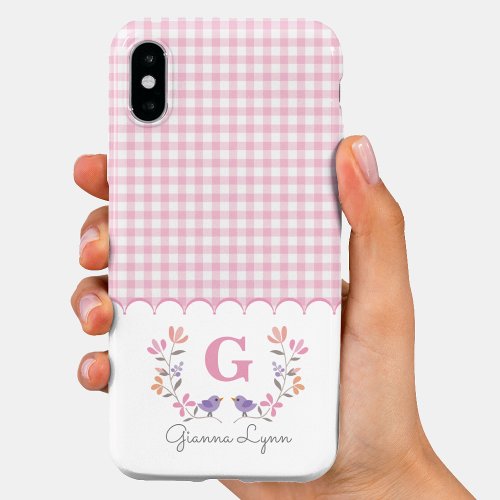 Pink Floral Gingham Monogram Case_Mate iPhone 14 Case