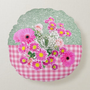 Pink Floral & Gingham Soft Green Faux Glitter Round Pillow