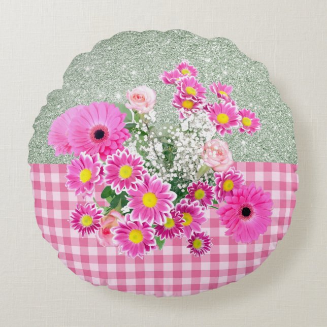 Pink Floral & Gingham Soft Green Faux Glitter Round Pillow (Front)