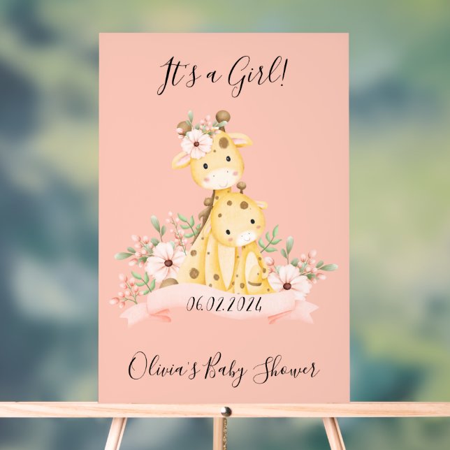 Pink floral giraffe baby shower  acrylic sign (Neutral)