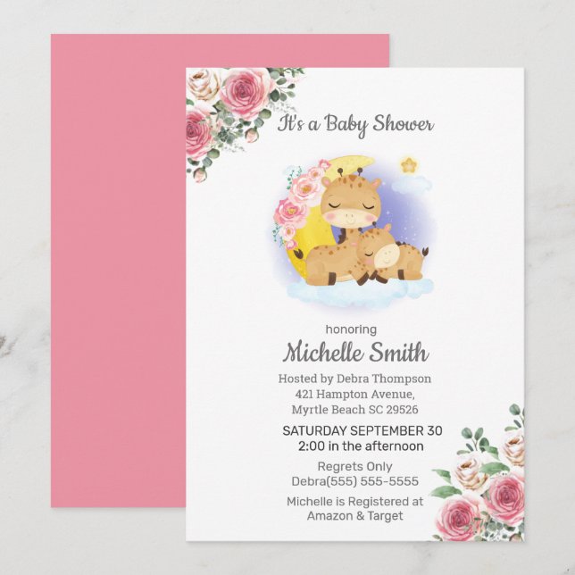 Pink Floral Giraffe Mom Baby Shower   Invitation (Front/Back)