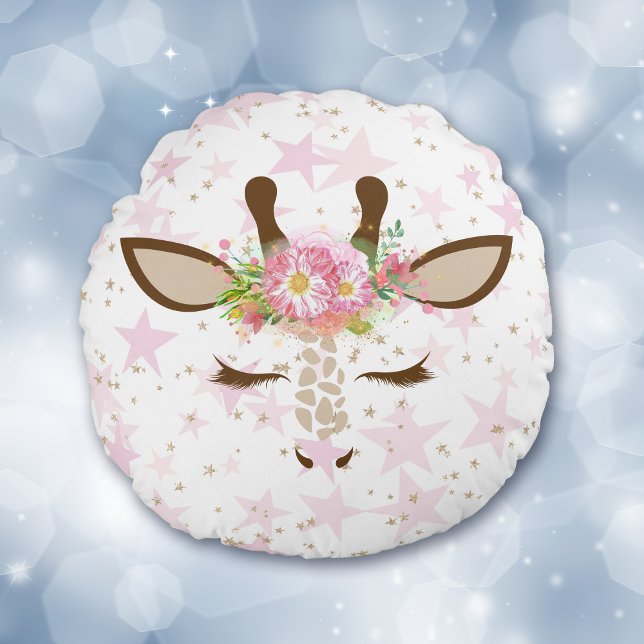 Pink Floral Giraffe on Stars Round Pillow (Creator Uploaded)