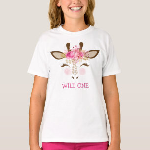 Pink Floral Giraffe Portrait T-Shirt