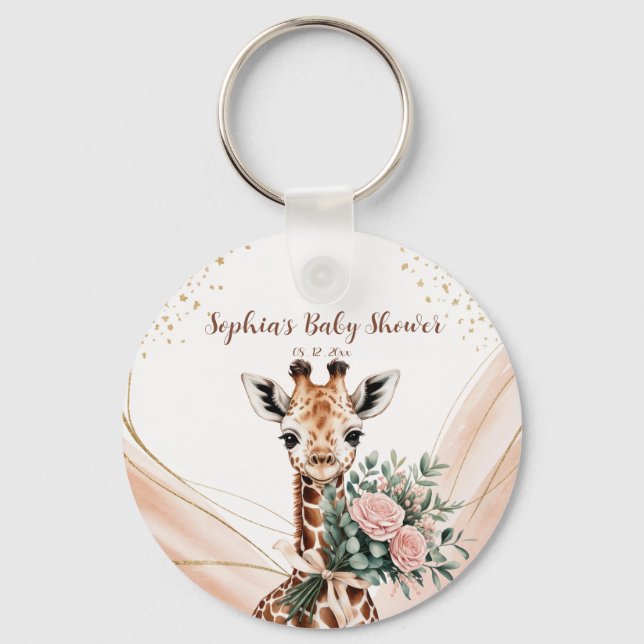 Pink Floral Giraffe Safari Baby Shower Favor Keychain (Front)