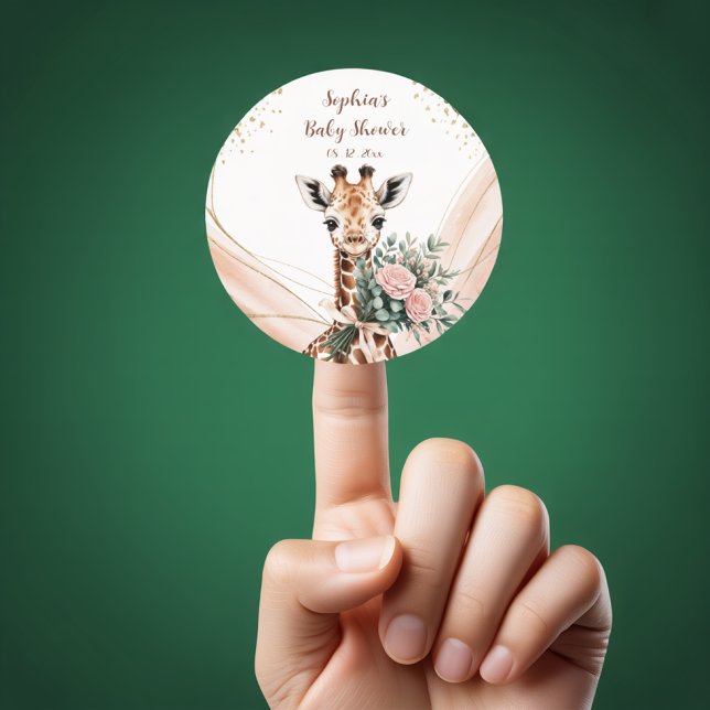 Pink Floral Giraffe Safari Baby Shower Favor Stick Classic Round Sticker (Creator Uploaded)