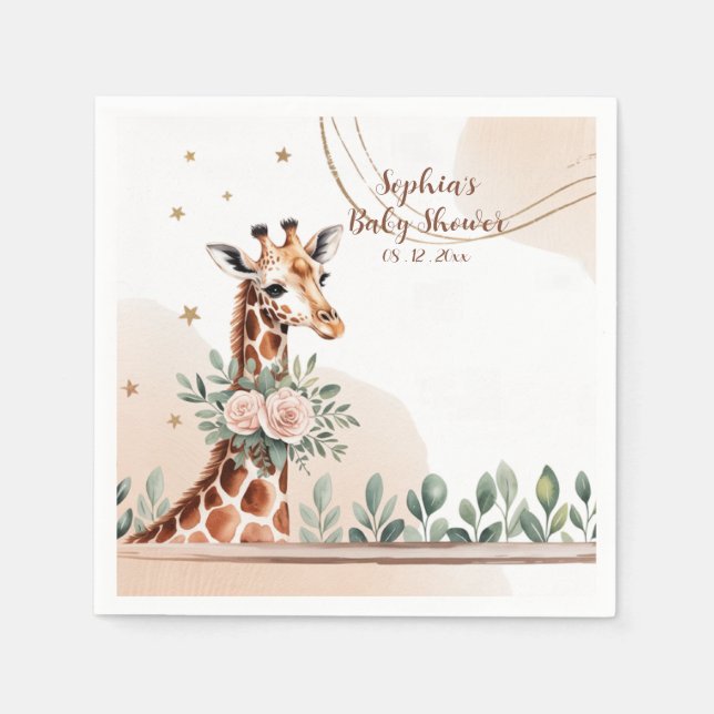 Pink Floral Giraffe Safari Baby Shower  Napkins (Front)