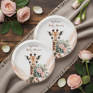Pink Floral Giraffe Safari Baby Shower Paper Plate