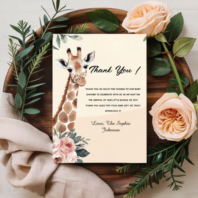Pink Floral Giraffe Safari Baby Shower Thank You  Card (Creator Uploaded)