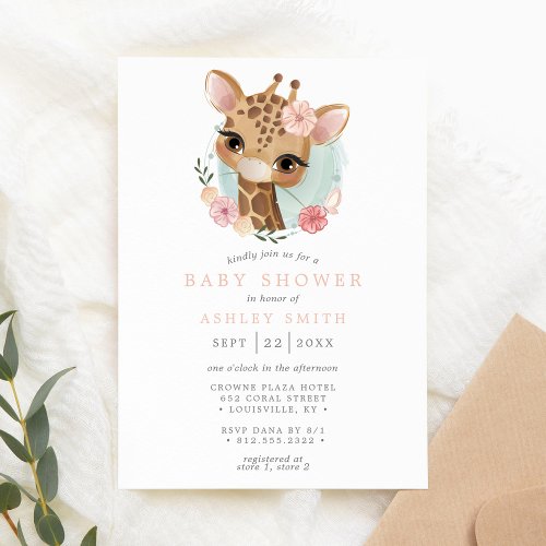 Pink Floral Giraffe Watercolor Girl Baby Shower Invitation