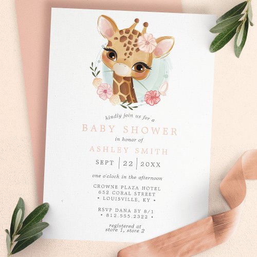 Baby Shower Invitations 6 Pink Floral Giraffe Watercolor Girl Baby Shower Invitation