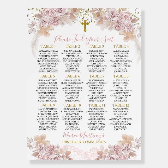 Pink Floral Girl 1st Holy Communion Seating Chart Foam Board (Front)