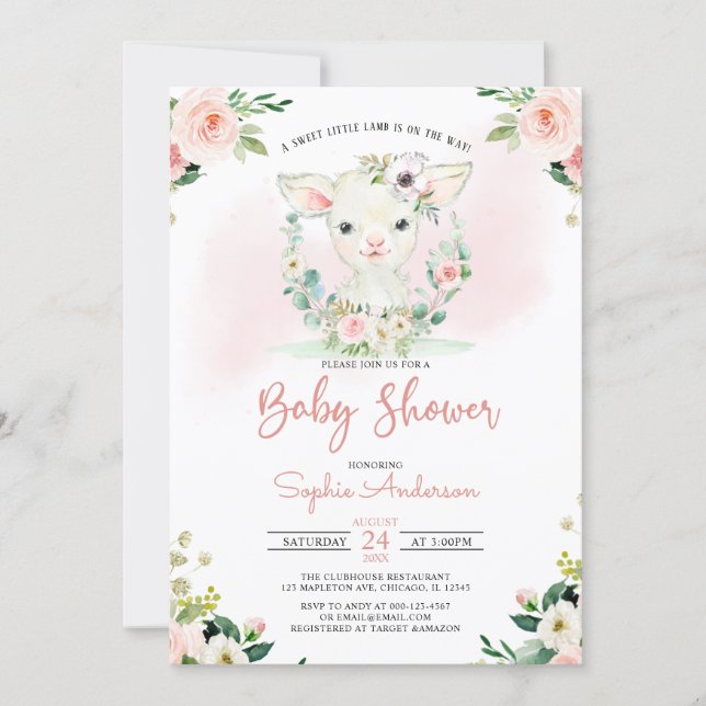 Pink Floral Girl A Little Lamb Baby Shower Invitation (Front)