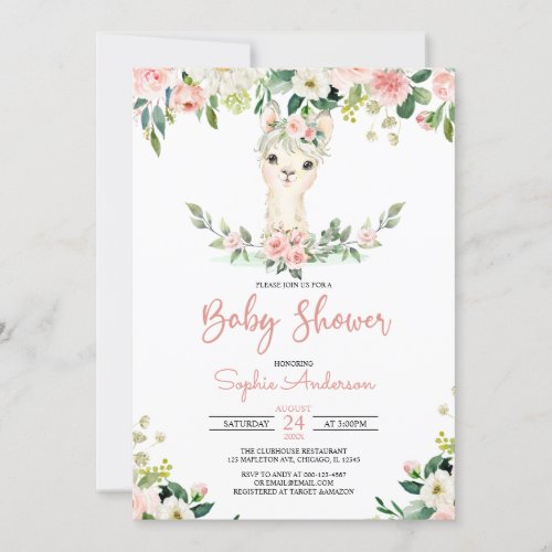 Pink Floral Girl Alpaca Llama Baby Shower Invitation