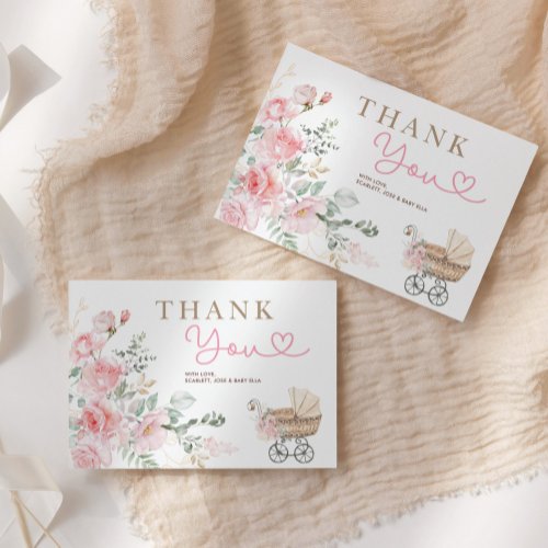 Pink Floral Girl Baby Carriage Shower Thank You Enclosure Card