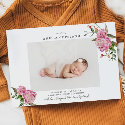 Pink Floral Girl Baby Photo Birth Announcement