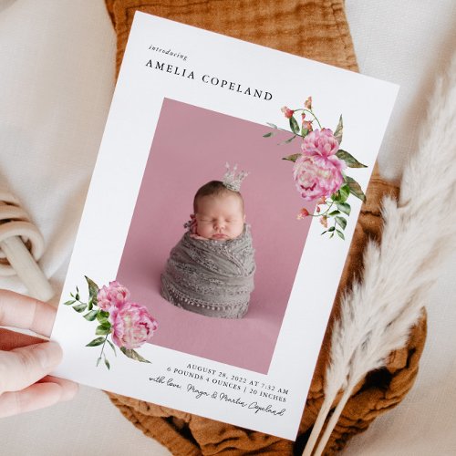 Pink Floral Girl Baby Photo Birth Announcement