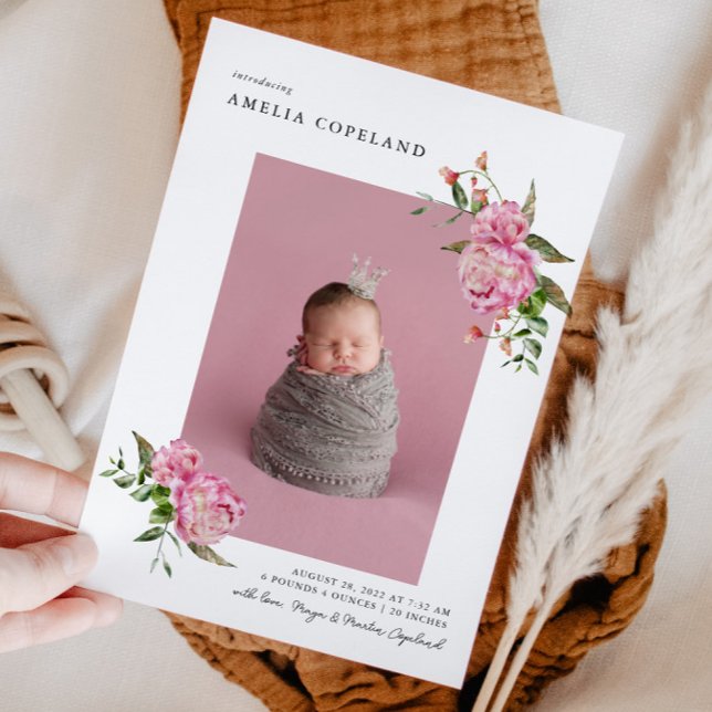 Pink Floral Girl Baby Photo Birth Announcement (Creator Uploaded)