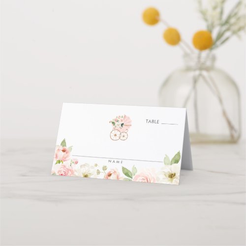 Pink Floral Girl Baby Shower Folded Place Card