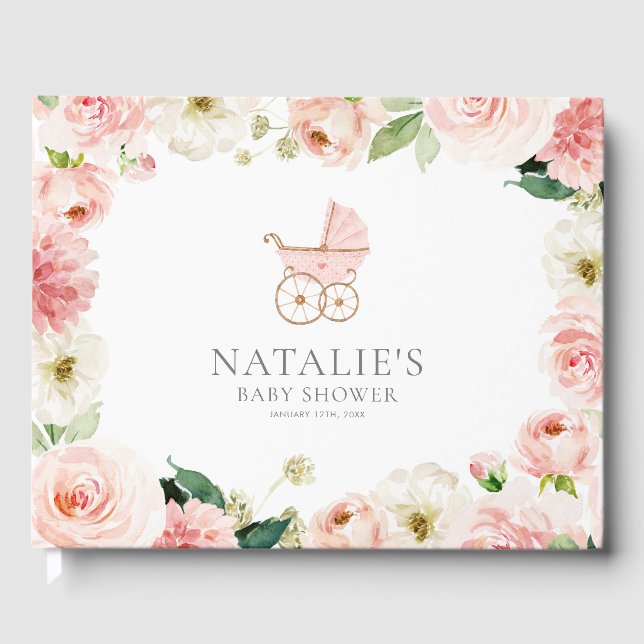 Pink Floral Girl Baby Shower Guest Book (Front)