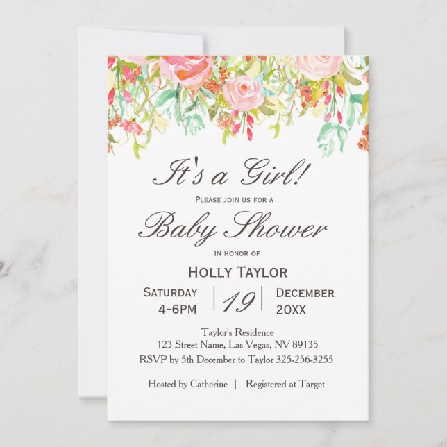 Pink Floral Girl Baby Shower Invitation (Front)