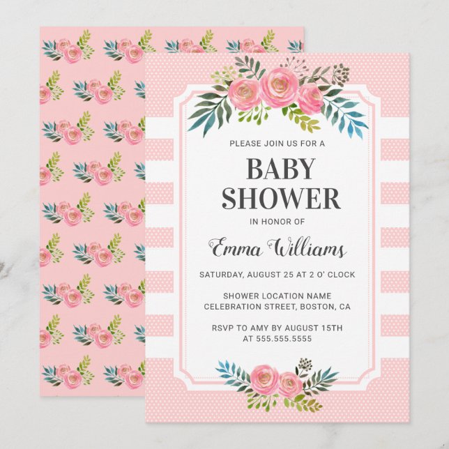 Pink Floral Girl Baby Shower Invitations (Front/Back)