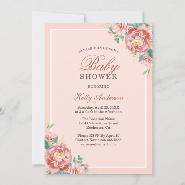 Pink Floral Girl Baby Shower Invitations (Front)