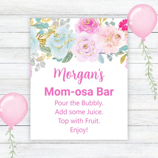 Pink Floral Girl Baby Shower Mom-osa Bar Sign (Creator Uploaded)