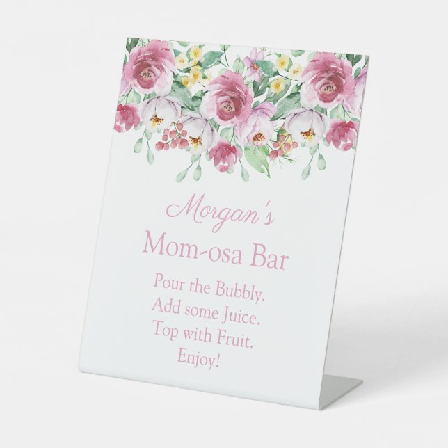 Pink Floral Girl Baby Shower Mom-osa Bar Sign (Front)