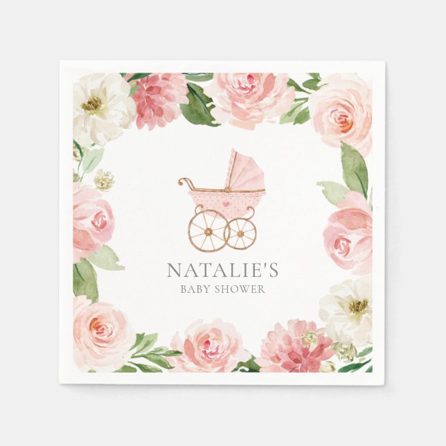 Pink Floral Girl Baby Shower Paper Napkins (Front)