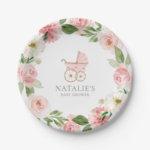 Pink Floral Girl Baby Shower Paper Plate