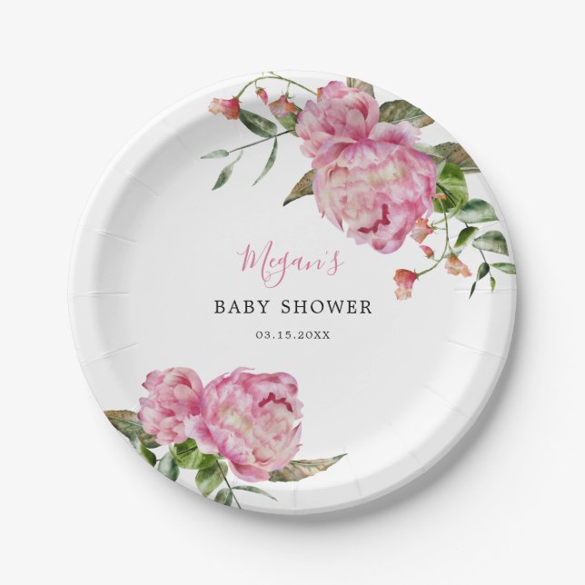 Pink Floral Girl Baby Shower Paper Plates (Front)