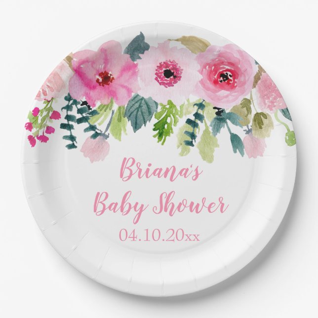 Pink Floral Girl Baby Shower Paper Plates (Front)
