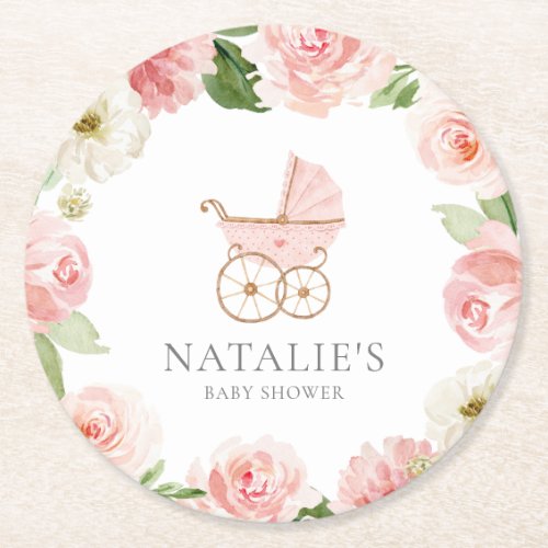 Pink Floral Girl Baby Shower Round Paper Coaster