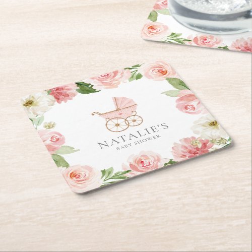 Pink Floral Girl Baby Shower Square Paper Coaster
