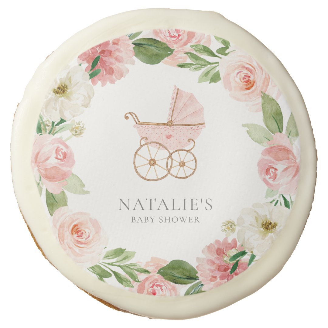 Pink Floral Girl Baby Shower Sugar Cookie 