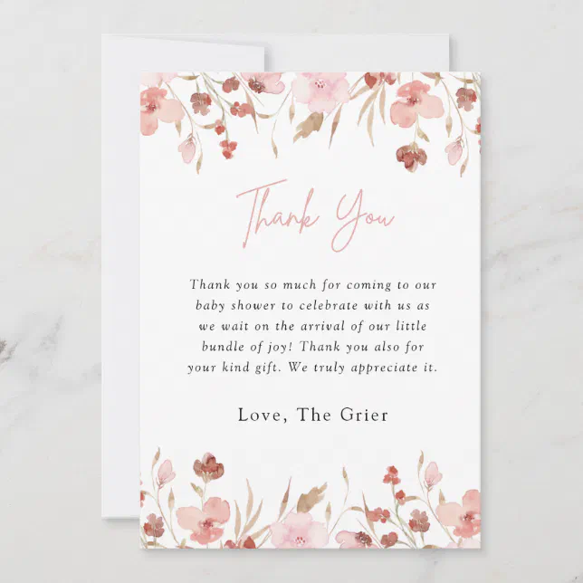 Pink Floral Girl Baby Shower Thank You Card | Zazzle
