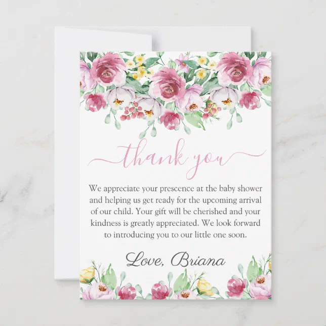 Pink Floral Girl Baby Shower Thank You Card 