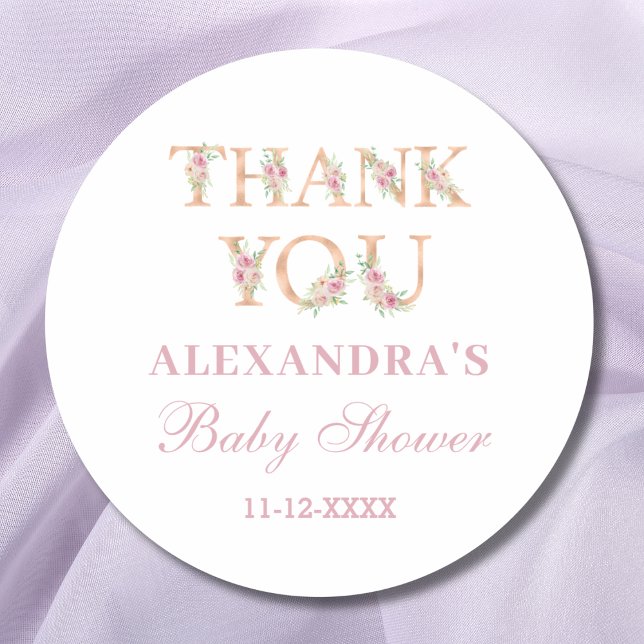 Pink Floral Girl Baby Shower Thank You Classic Round Sticker (Creator Uploaded)