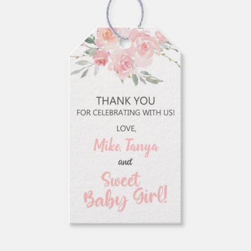 Pink floral girl baby shower thank you favor tags gift tags
