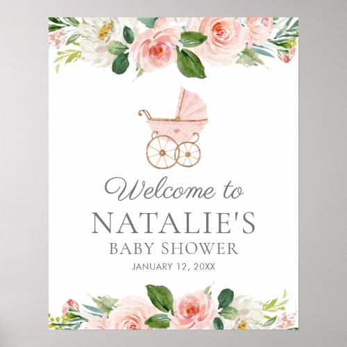 Pink Floral Girl Baby Shower Welcome Poster