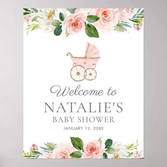 Pink Floral Girl Baby Shower Welcome Poster | Zazzle