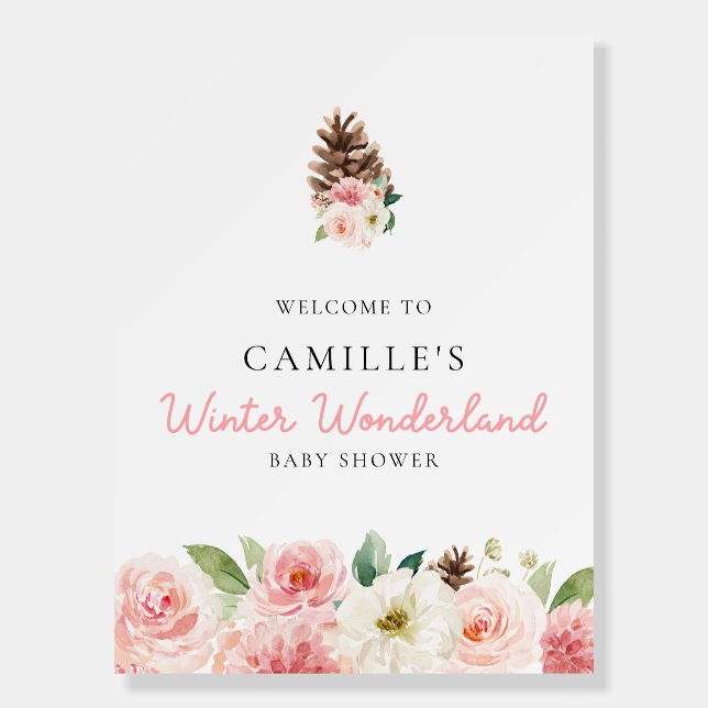 Pink Floral Girl Baby Shower Welcome Sign (Front)