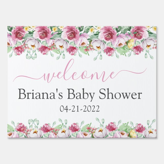 Pink Floral Girl Baby Shower Yard Sign (Front)